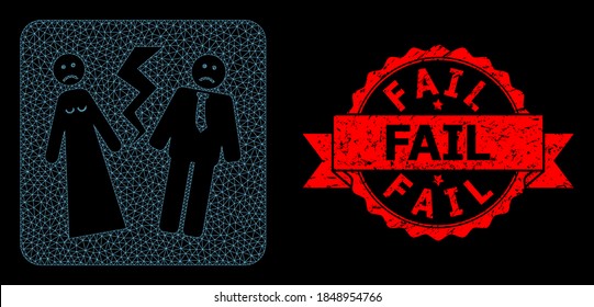Mesh Polygonal zerbrochene Hochzeit auf schwarzem Hintergrund, und Fail schmutzige Band Stempel Robbe. Rote Stempelrobbe hat eine Fail-Bildunterschrift im Band. Vektormodell erstellt aus gebrochenem Hochzeitssymbol mit Mesh.