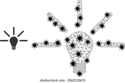 Mesh polygonal bulb light icon illustration designed using infection style. Carcass model is created from bulb light icon with black Covid nodes.