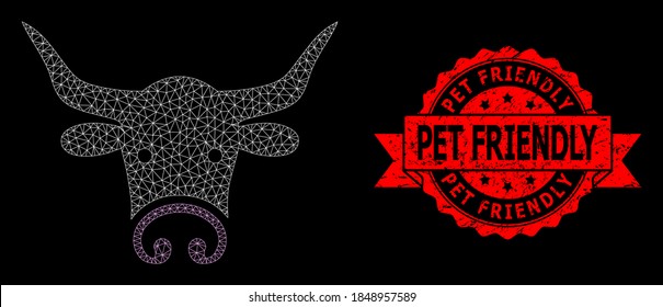 Mesh polygonal bull head on a black background, and Pet Friendly grunge ribbon seal print. Red stamp seal contains Pet Friendly text inside ribbon. Vector model created from bull head icon with mesh.