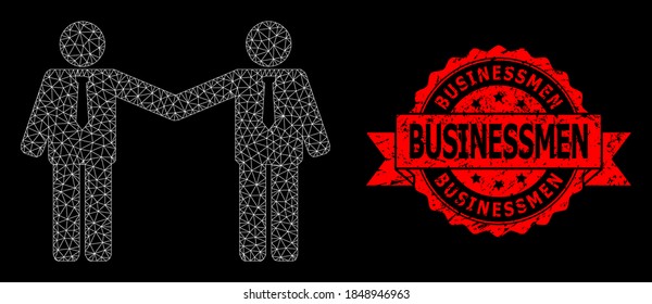 Mesh polygonal businessmen relations on a black background, and Businessmen dirty ribbon seal. Red seal includes Businessmen caption inside ribbon.