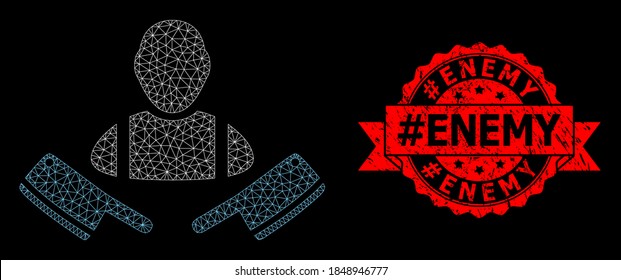 Mesh polygonal butcher man on a black background, and #Enemy textured ribbon seal. Red seal contains #Enemy caption inside ribbon. Vector model created from butcher man icon with mesh.