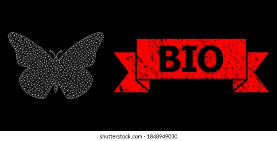 Mesh polygonal butterfly on a black background, and Bio dirty ribbon seal imitation. Red stamp seal has Bio text inside ribbon. Vector constellation created from butterfly icon with triangular net.