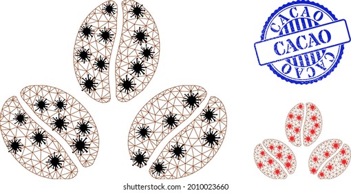 Mesh polygonal cacao beans icons illustration in lockdown style, and textured blue round Cacao stamp seal. Model is created from cacao beans icon with black and red infection nodes.
