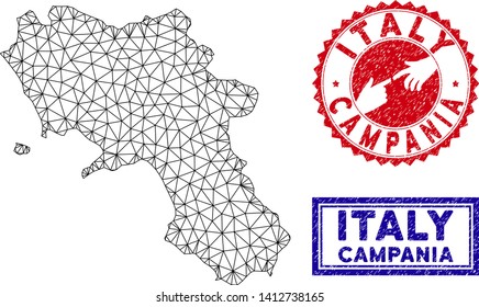 Mesh polygonal Campania region map and grunge seal stamps. Abstract lines and points form Campania region map vector model. Round red stamp with connecting hands.