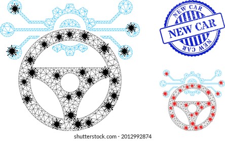 Mesh polygonal car autopilot scheme icons illustration with outbreak style, and scratched blue round New Car stamp.