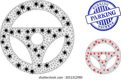 Mesh polygonal car steering wheel icons illustration with infection style, and textured blue round Parking badge.