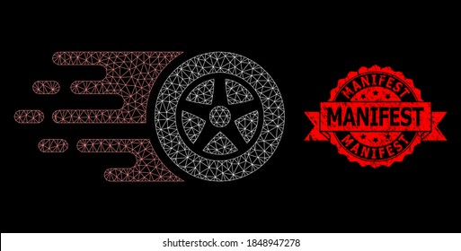 Mesh polygonal car wheel on a black background, and Manifest unclean ribbon seal. Red seal includes Manifest text inside ribbon. Vector constellation created from car wheel icon with mesh.