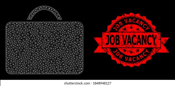 Mesh polygonal case on a black background, and Job Vacancy grunge ribbon seal print. Red seal has Job Vacancy caption inside ribbon. Vector constellation created from case icon with triangular net.