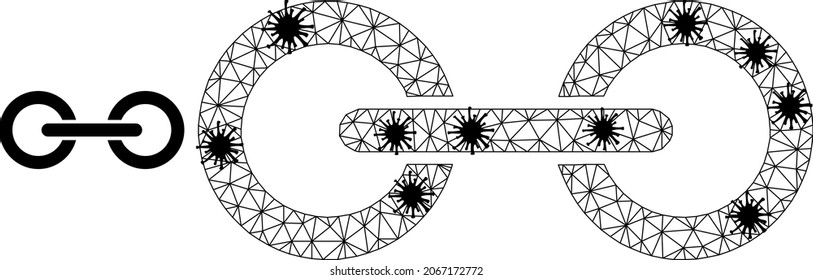 Mesh Polygonal Kette Link Symbol Illustration mit Ausbruch Stil. Das Carcass-Modell wird aus dem Kettenglied-Symbol mit schwarzen Covid-Elementen erstellt.