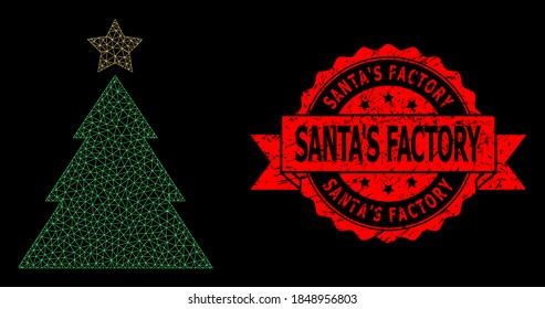 Mesh-Polygonal-Weihnachtsbaum auf schwarzem Hintergrund, und Weihnachtsfabrik kratzte Bandsiegel Druck. Rote Stempelrobbe hat den Werkstext des Weihnachtsmannes in der Schleife.