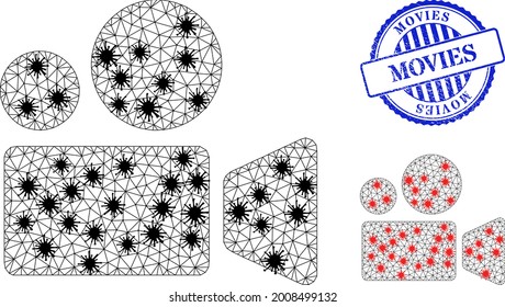 Mesh polygonal cinema camera icons illustration with lockdown style, and rubber blue round Movies badge. Model is created from cinema camera icon with black and red coronavirus elements.