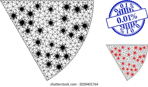 Mesh polygonal circle sector symbols illustration in outbreak style, and grunge blue round 0.01 percents stamp. Model is based on circle sector icon with black and red infection items.