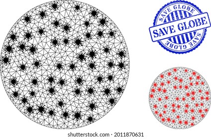 Mesh polygonal circle symbols illustration in outbreak style, and distress blue round Save Globe stamp. Abstraction is created from circle icon with black and red infectious elements.