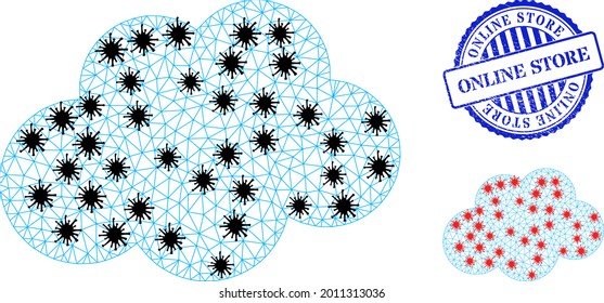 Mesh Polygonal Cloud Symbole Illustration, entworfen mit Infektionsstil, und strukturierte blaue runde Online Store-Dichtung. Die Abstraktion basiert auf Cloud-Symbol mit schwarz-roten Infektionselementen.