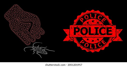 Mesh Polygonal Cockroach Punch On A Black Background, And Police Rubber Ribbon Stamp Seal. Red Stamp Seal Includes Police Tag Inside Ribbon. Vector Model Created From Cockroach Punch Icon With Mesh.