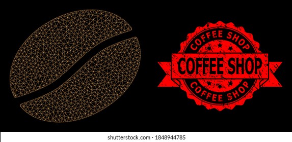 Mesh polygonal coffee bean on a black background, and Coffee Shop scratched ribbon stamp seal. Red stamp seal contains Coffee Shop title inside ribbon.