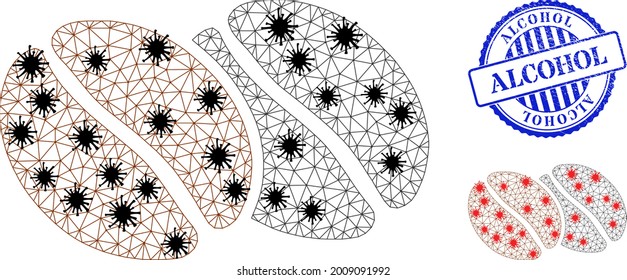 Mesh polygonal coffee beans icons illustration with outbreak style, and distress blue round Alcohol badge. Carcass model is created from coffee beans icon with black and red infectious elements.