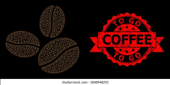 Granos de café poligonal de malla sobre un fondo negro, y sello de estampado de la cinta gruesa To Go Coffee. El sello rojo incluye el título de To Go Coffee dentro de la cinta.