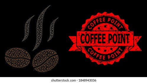 Mesh polygonal coffee beans smell on a black background, and Coffee Point unclean ribbon stamp seal. Red stamp has Coffee Point caption inside ribbon.