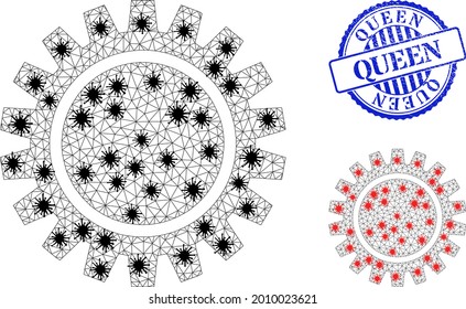 Mesh polygonal cogwheel symbols illustration in infection style, and scratched blue round Queen stamp seal. Abstraction is based on cogwheel icon with black and red coronavirus elements.