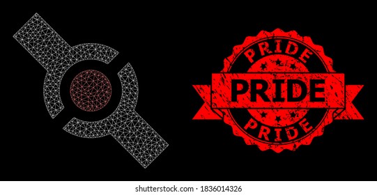 Mesh polygonal connector on a black background, and Pride rubber ribbon stamp seal. Red stamp seal has Pride title inside ribbon. Vector model created from connector icon with mesh.