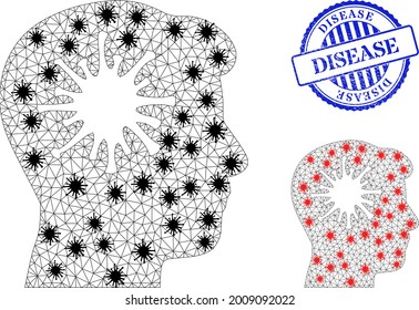 Mesh polygonal coronavirus brain symbols illustration in outbreak style, and grunge blue round Disease badge. Carcass model is based on coronavirus brain icon with black and red Covid elements.