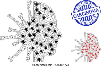 Mesh polygonal coronavirus man head icons illustration in lockdown style, and distress blue round Carcinoma stamp.