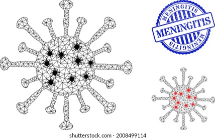 Mesh polygonal coronavirus symbols illustration in lockdown style, and grunge blue round Meningitis stamp seal. Carcass model is created from coronavirus icon with black and red Covid nodes.