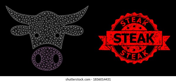 Mesh polygonal cow head on a black background, and Steak rubber ribbon stamp. Red stamp includes Steak tag inside ribbon. Vector model created from cow head icon with mesh.