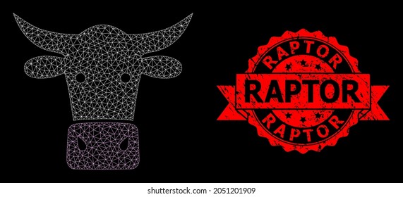 Mesh polygonal cow head on a black background, and Raptor corroded ribbon seal print. Red seal contains Raptor title inside ribbon. Vector model created from cow head icon with mesh.