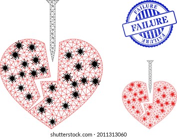 Mesh polygonal crack love heart icons illustration with outbreak style, and scratched blue round Failure seal. Model is created from crack love heart icon with black and red infectious nodes.