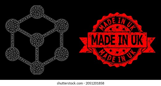 Mesh polygonal cube nodes on a black background, and Made in Uk rubber ribbon stamp. Red stamp has Made in Uk caption inside ribbon. Vector model created from cube nodes icon with triangular net.
