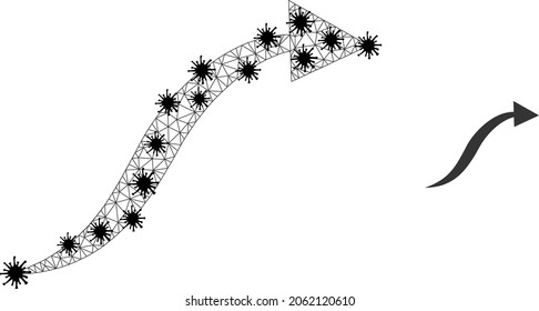 Mesh polygonal curve arrow symbol illustration with infection style. Abstraction is based on curve arrow icon with black Covid elements.