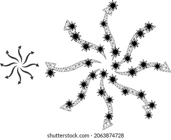 Las flechas de rotación de ciclones poligonales de malla ilustran el icono con estilo de bloqueo. La abstracción se crea a partir del icono de flechas de rotación de ciclones con centros de virus negros.