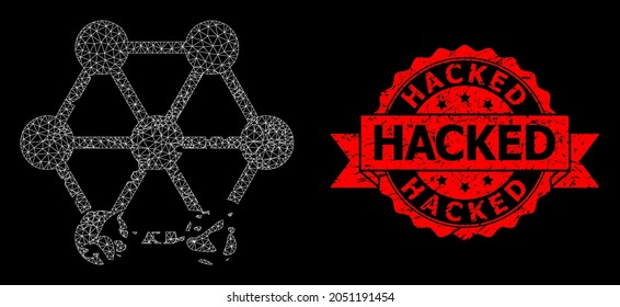 Mesh polygonal damaged blockchain on a black background, and Hacked dirty ribbon seal imitation. Red stamp seal contains Hacked title inside ribbon.