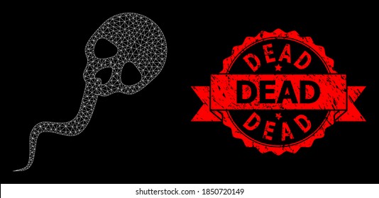 Mesh esperma poligonal muerto sobre un fondo negro, y imitación del sello de la cinta morada. El sello rojo incluye el texto muerto dentro de la cinta. Constelación vectorial creada a partir de ícono de esperma muerto con malla.