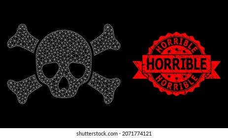 Mesh polygonal death skull on a black background, and Horrible corroded ribbon stamp. Red stamp seal includes Horrible caption inside ribbon. Vector model created from death skull icon with mesh.