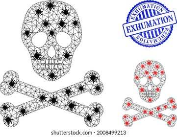 Mesh polygonal death skull symbols illustration with outbreak style, and textured blue round Exhumation stamp. Carcass model is created from death skull icon with black and red infection elements.