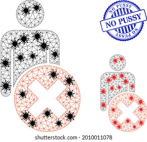 Mesh poligonal delete man iconos ilustración con estilo de infección, y goma azul redondo No Pussy sello. La abstracción se crea a partir del icono de eliminación man con elementos infecciosos negros y rojos.