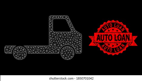 Mesh de chassi de coche de entrega poligonal sobre un fondo negro, y sello de la cinta de grunge de autopréstamo. El sello rojo contiene la etiqueta de préstamo automático dentro de la cinta.