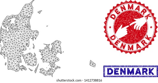 Mesh polygonal Denmark map and grunge seal stamps. Abstract lines and spheric points form Denmark map vector model. Round red stamp with connecting hands.