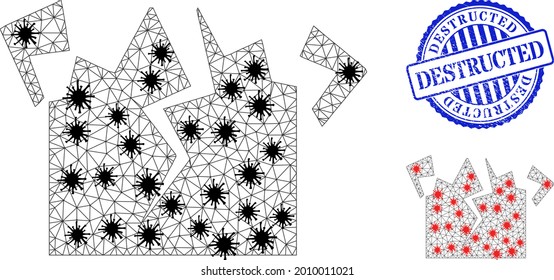 Mesh polygonal destruction symbols illustration with outbreak style, and textured blue round Destructed stamp. Carcass model is based on destruction icon with black and red infectious elements.