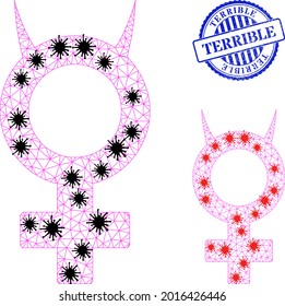 Mesh polygonal devil female symbol icons illustration in infection style, and grunge blue round Terrible stamp seal.