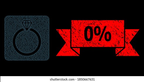 Mesh polygonal diamond ring on a black background, and 0% scratched ribbon stamp seal. Red stamp includes 0% tag inside ribbon. Vector constellation created from diamond ring icon with mesh.