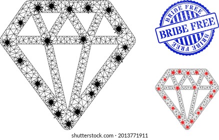 Mesh polygonal diamond symbols illustration with infection style, and grunge blue round Bribe Free stamp seal. Model is based on diamond icon with black and red virus nodes.