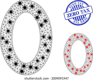 Iconos de cero dígitos poligonales de malla diseñados con estilo de bloqueo, y distintivo de Impuesto Cero de color azul recalentador. El modelo de canal se crea a partir del icono de dígito cero con elementos infecciosos negros y rojos.