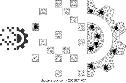 Icono de generación de engranajes digitales poligonales de malla diseñado con estilo de brote. El modelo de canal se crea a partir del icono de generación de engranajes digitales con nodos de coronavirus negros.