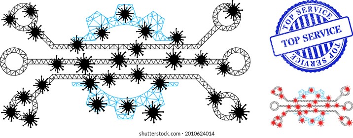 Iconos de la industria digital poligonal de malla con estilo de brote y placa de Top Service de color azul arañado. La abstracción se crea a partir de un icono de la industria digital con centros Covid negros y rojos.