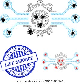 Mesh polygonal digital machine icons illustration designed using outbreak style, and textured blue round Life Service badge.