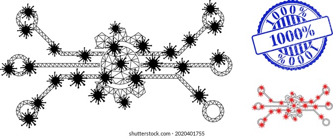 Mesh polygonal digital tech icons illustration in lockdown style, and rubber blue round 1000 percents seal. Carcass model is based on digital tech icon with black and red coronavirus items.
